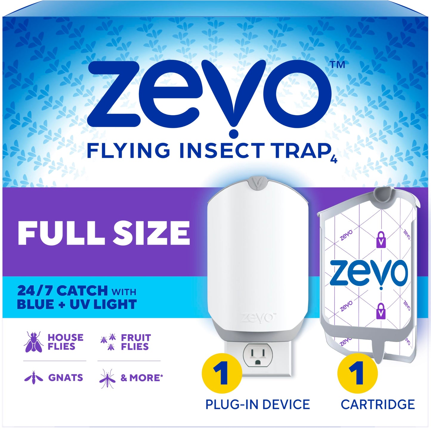 Zevo Flying Insect Trap & 3 Refill Cartridges - Plug in Fly Trap & Indoor Bug Catcher for Gnats, House & Fruit Flies - Blue & UV Light Technology, Mess-Free Alternative to Bug Zapper