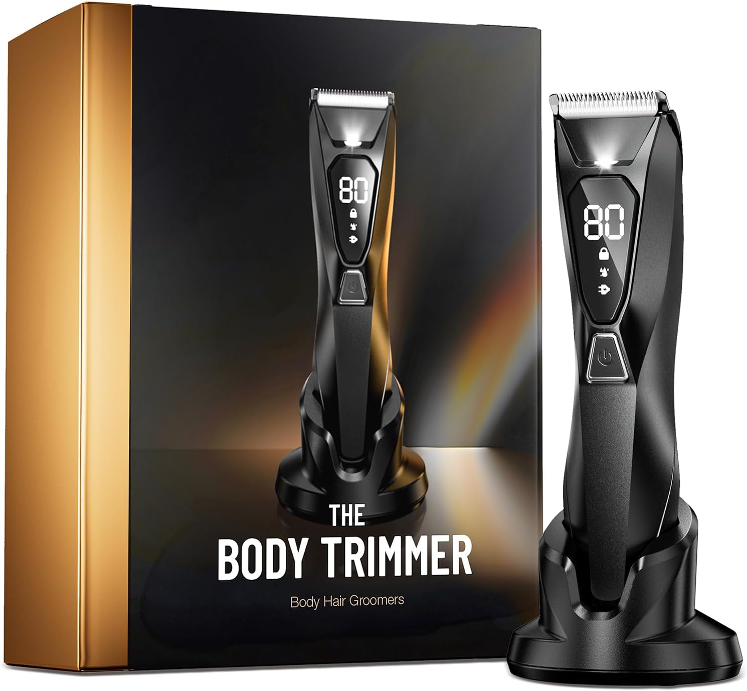 Body Hair Trimmer for Men: Wireless Charging Pubic Hair Trimmer with 90Min - Wet or Dry Body Groomer, 4000K LED, Ceramic Blade for Face Legs Groin