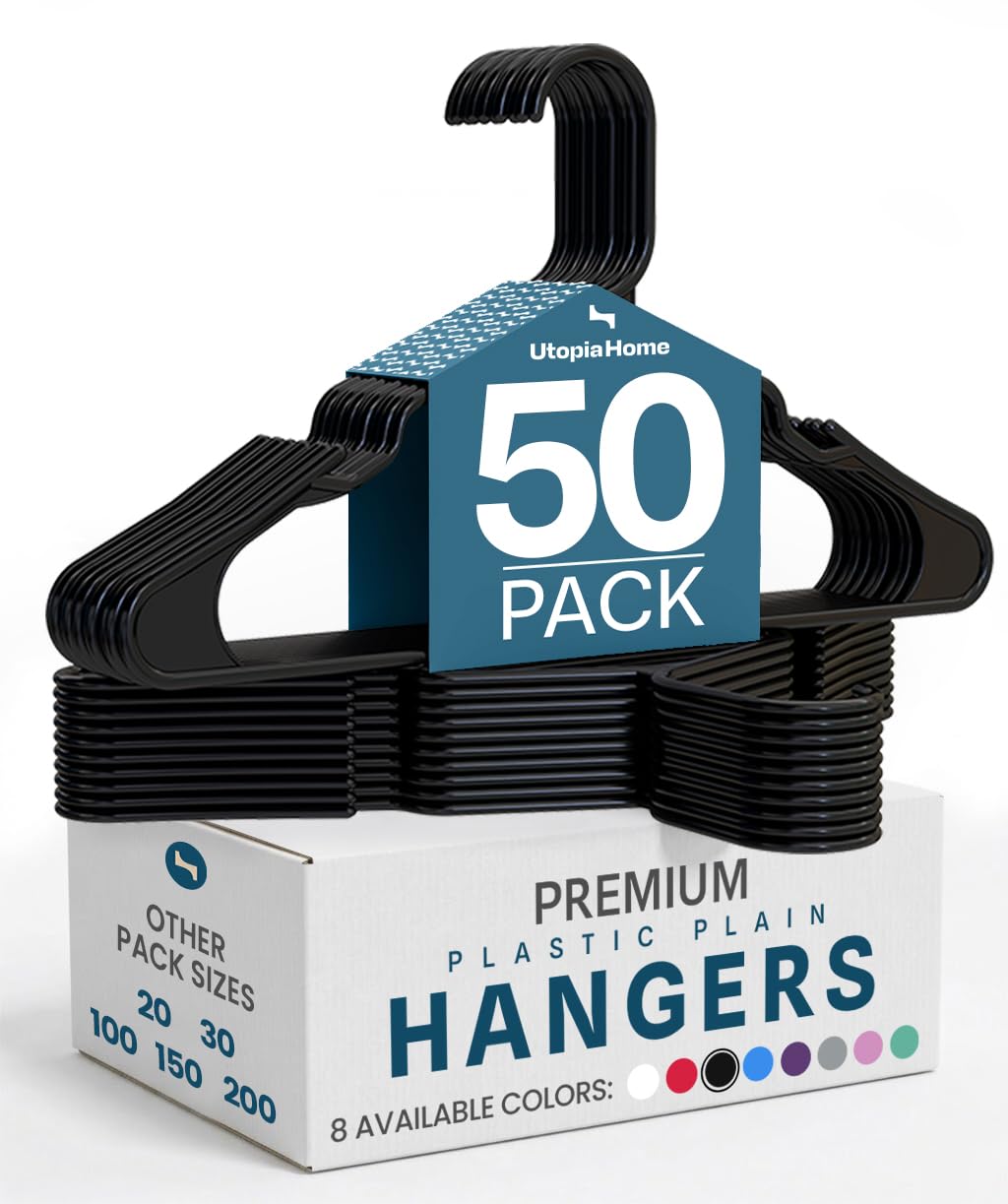 Utopia Home - Plastic Hangers 50 Pack - Space Saving Clothes Hanger - Durable and Strong Closet Organizers and Storage Makes It Ideal Stocking Stuffers or Apartment or Dorm Room Essentials (White)
