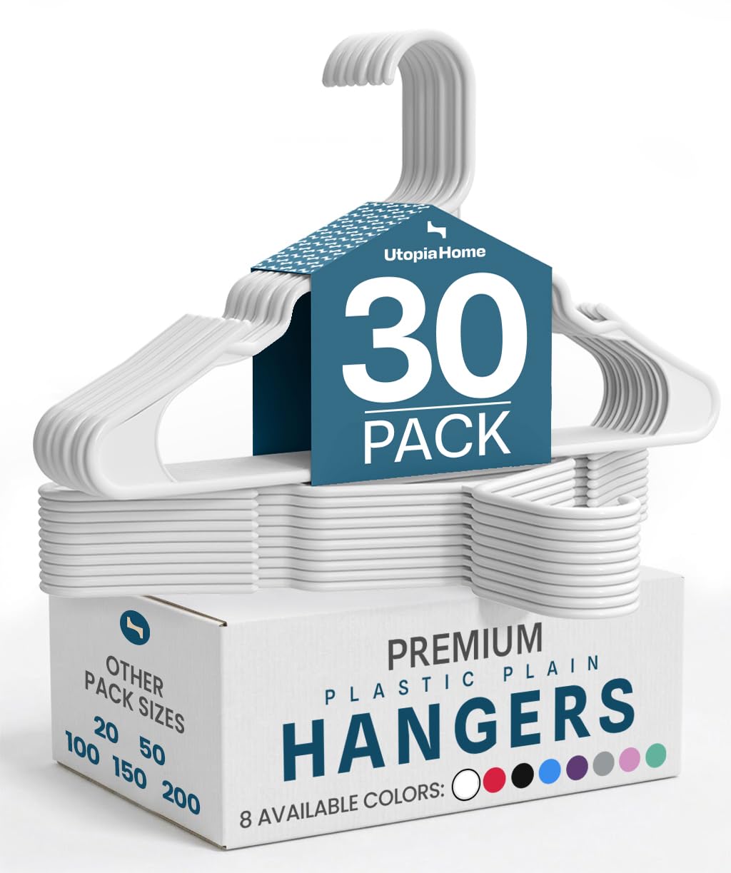 Utopia Home - Plastic Hangers 50 Pack - Space Saving Clothes Hanger - Durable and Strong Closet Organizers and Storage Makes It Ideal Stocking Stuffers or Apartment or Dorm Room Essentials (White)