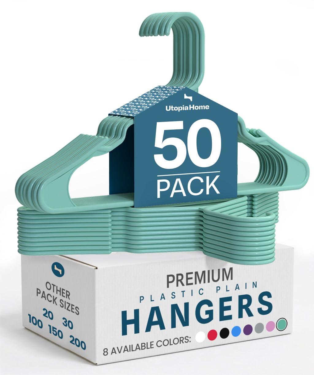 Utopia Home - Plastic Hangers 50 Pack - Space Saving Clothes Hanger - Durable and Strong Closet Organizers and Storage Makes It Ideal Stocking Stuffers or Apartment or Dorm Room Essentials (White)