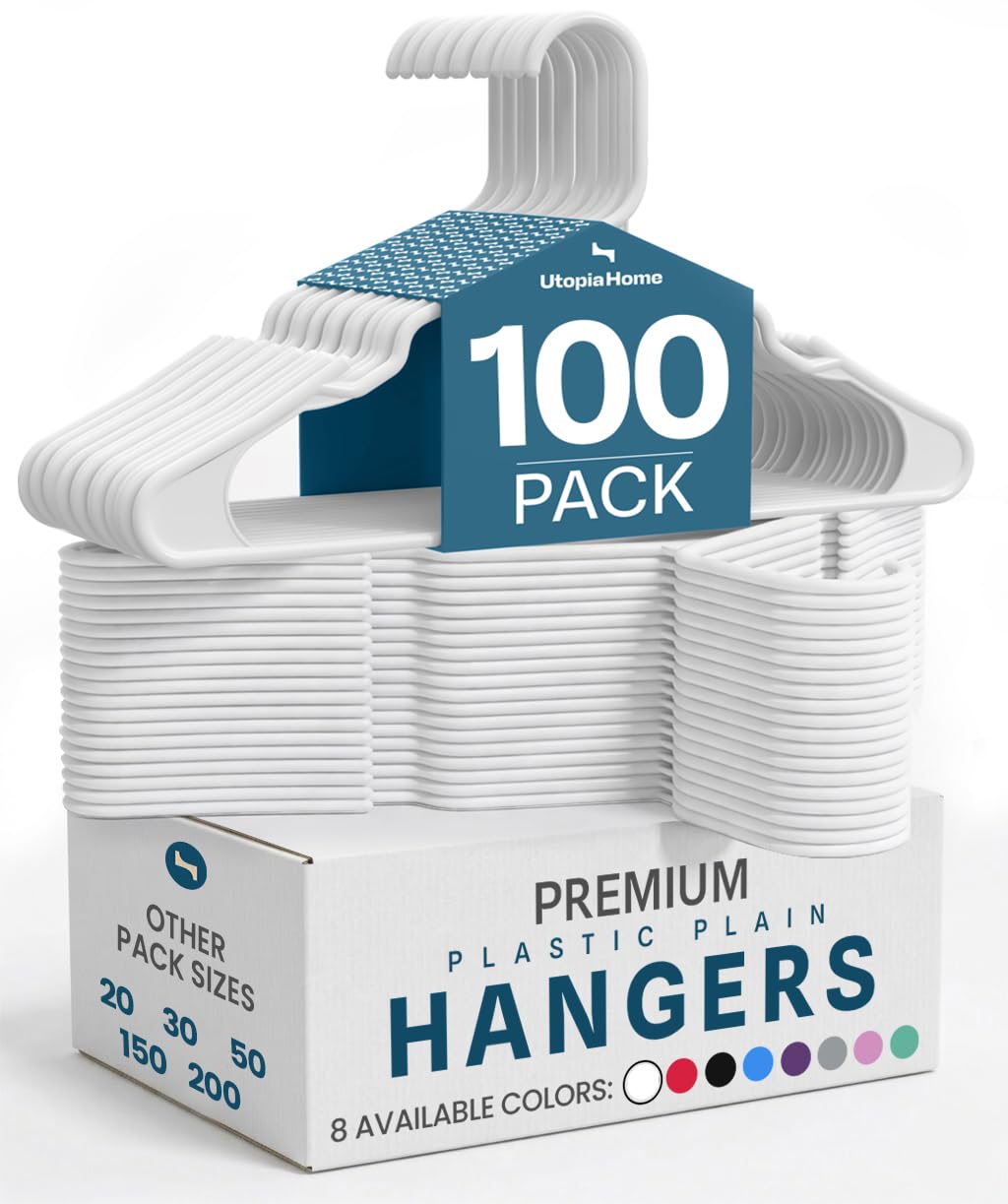 Utopia Home - Plastic Hangers 50 Pack - Space Saving Clothes Hanger - Durable and Strong Closet Organizers and Storage Makes It Ideal Stocking Stuffers or Apartment or Dorm Room Essentials (White)
