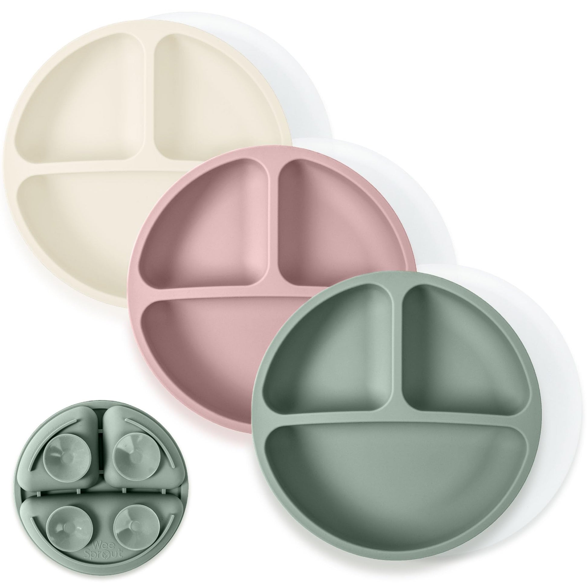 WeeSprout Suction Plates with Lids for Babies & Toddlers - 100% Silicone, Dinnerware Stays Put, Divided Design for Picky Eaters, Microwave & Dishwasher Friendly, 3 Pack