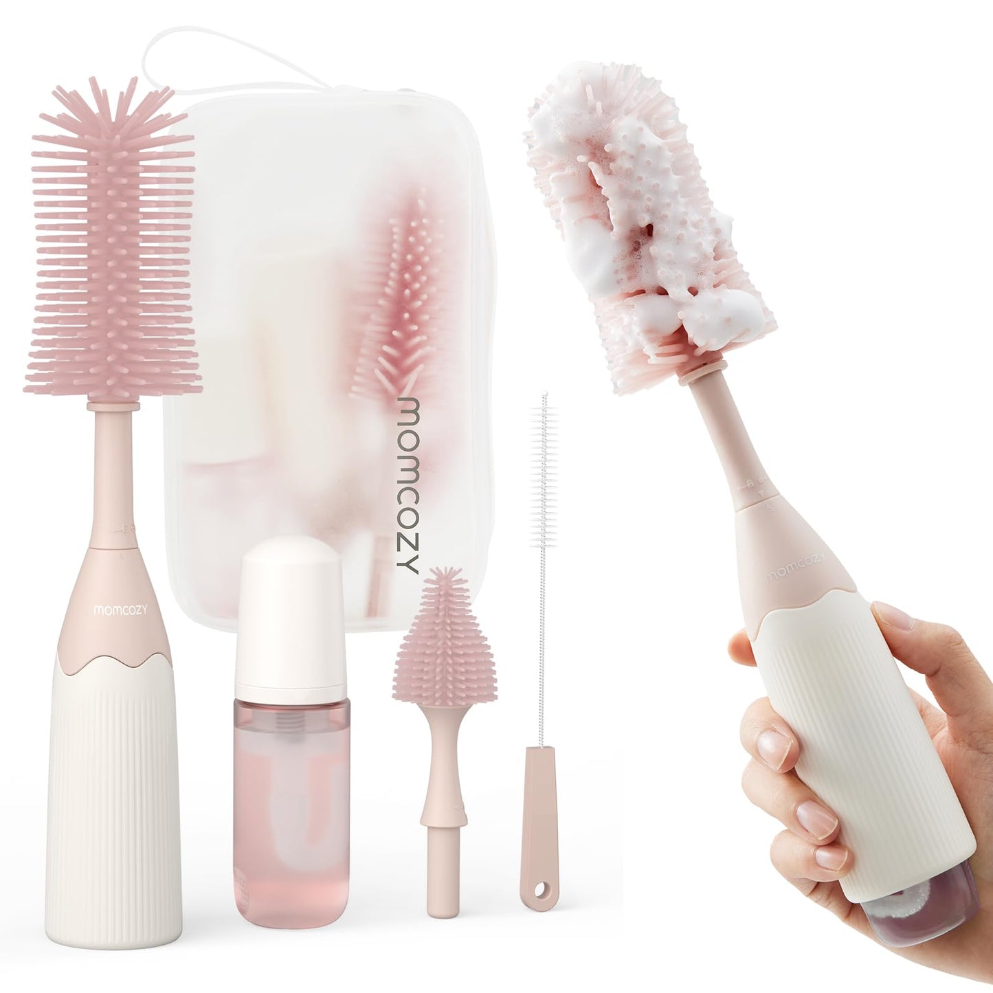 Momcozy Bottle Brush Kit with Push-Press Foam Design - Newborn Essentials Gift, Portable Cleaning Tool for Home & Travel, Baby Bottle Cleaner Brush for Breast Pumps & Nipples, Green