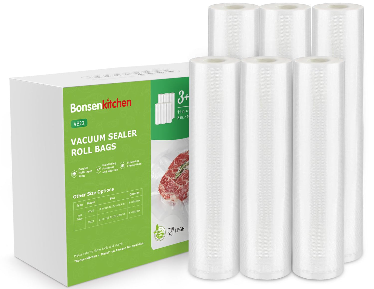Bonsenkitchen Vacuum Sealer Rolls Bags, 6 Pack 3 Rolls 11" x 20' + 3 Rolls 8" x 20' Commercial Grade BPA Free Bag Rolls, Durable Customized Size Food Vac Bags for Storage and Sous Vide Cooking VB3211