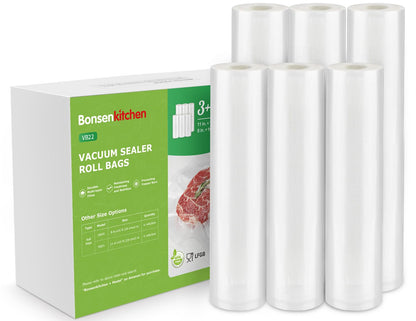 Bonsenkitchen Vacuum Sealer Rolls Bags, 6 Pack 3 Rolls 11" x 20' + 3 Rolls 8" x 20' Commercial Grade BPA Free Bag Rolls, Durable Customized Size Food Vac Bags for Storage and Sous Vide Cooking VB3211