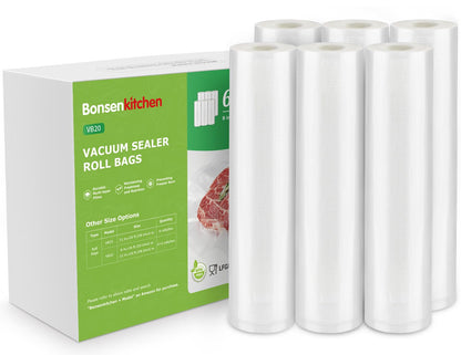 Bonsenkitchen Vacuum Sealer Rolls Bags, 6 Pack 3 Rolls 11" x 20' + 3 Rolls 8" x 20' Commercial Grade BPA Free Bag Rolls, Durable Customized Size Food Vac Bags for Storage and Sous Vide Cooking VB3211