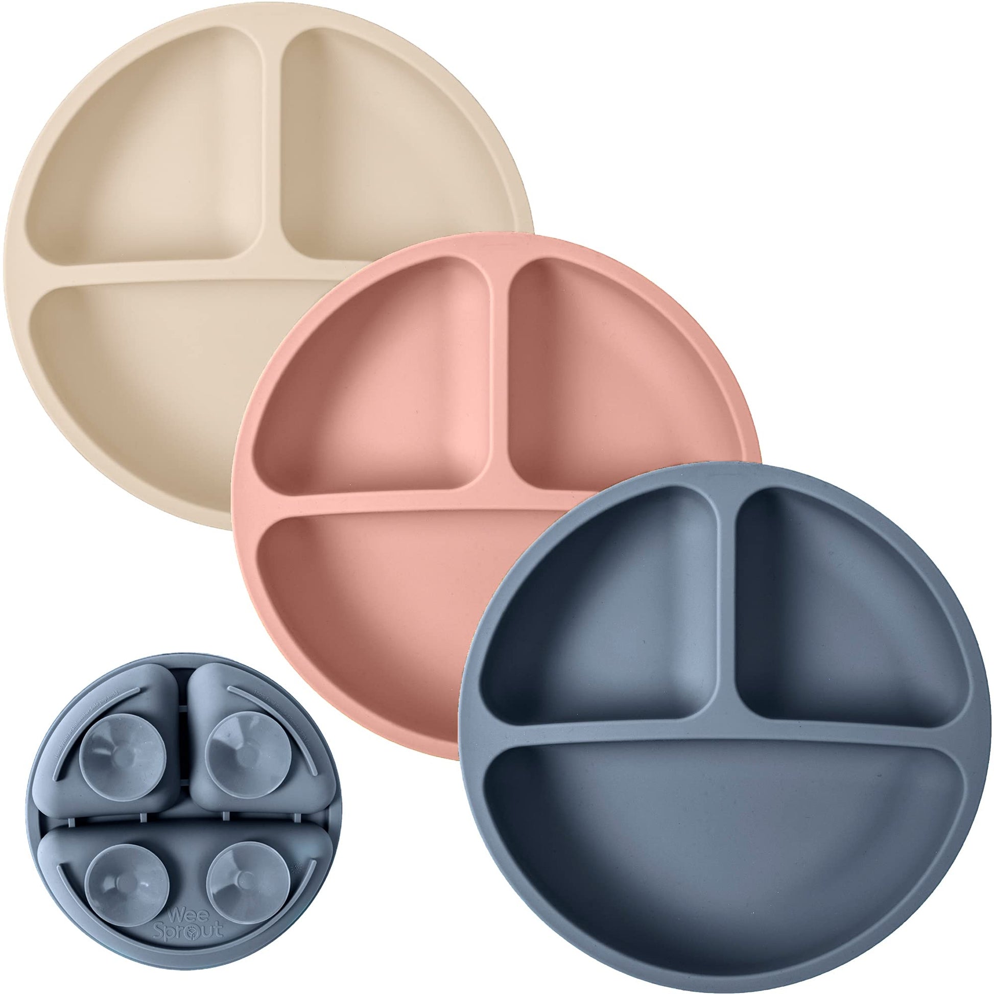 WeeSprout Suction Plates with Lids for Babies & Toddlers - 100% Silicone, Dinnerware Stays Put, Divided Design for Picky Eaters, Microwave & Dishwasher Friendly, 3 Pack