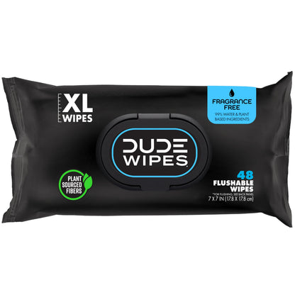 DUDE Wipes Unscented Flushable Wipes - Extra-Large Adult Wet Wipes for Sensitive Skin - 6 Pack (288 Count) - Infused with Vitamin E and Aloe - Septic and Sewer Safe
