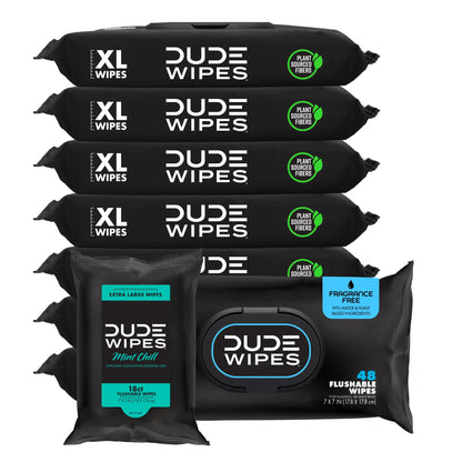 DUDE Wipes Unscented Flushable Wipes - Extra-Large Adult Wet Wipes for Sensitive Skin - 6 Pack (288 Count) - Infused with Vitamin E and Aloe - Septic and Sewer Safe