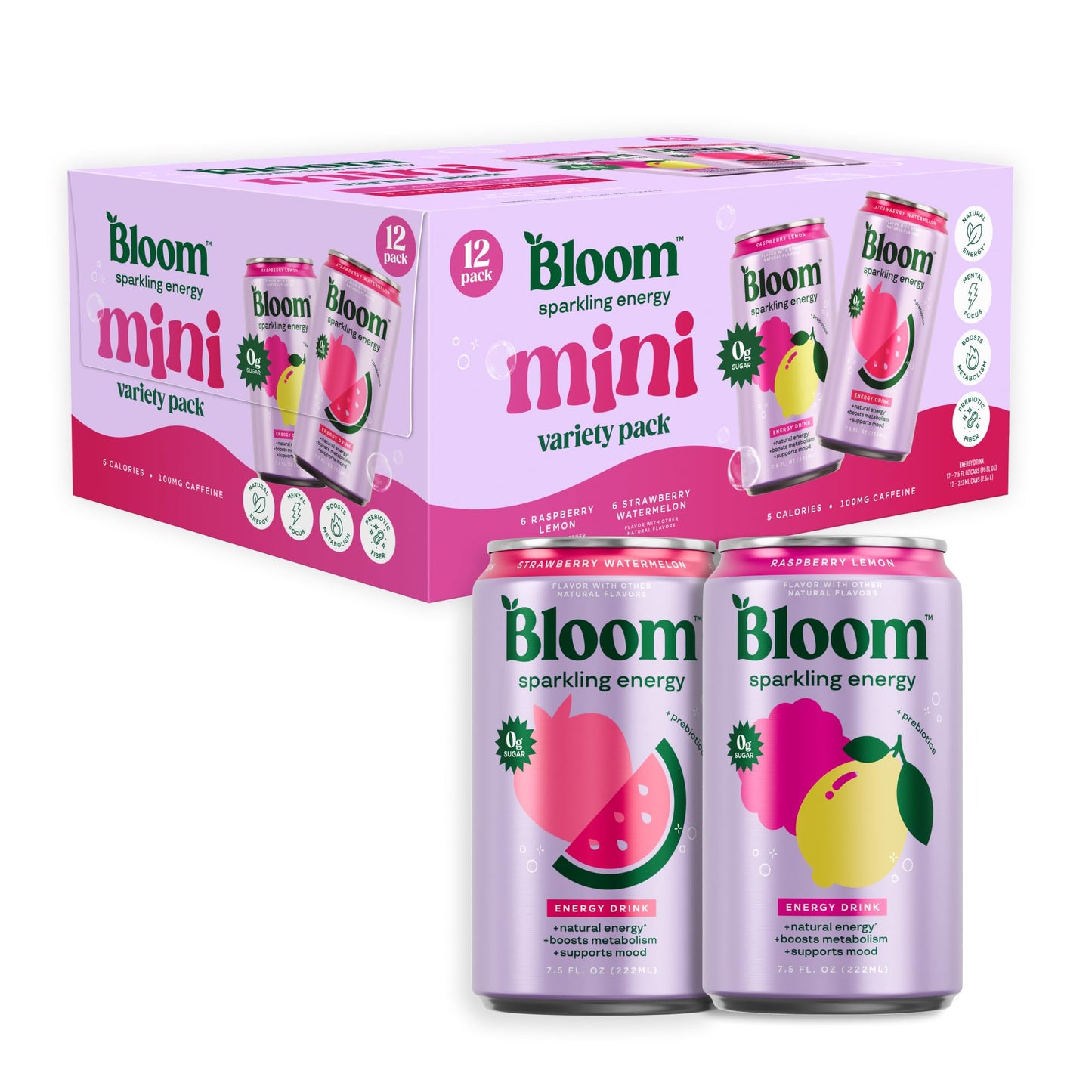 Bloom Nutrition Sparkling Energy Drink - Variety Pack - Natural Caffeine, Zero Sugar, 180mg Caffeine - Antioxidant-Rich with Green Coffee Bean, Green Tea Extract, Prebiotics - 12oz 12 Pack