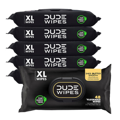 DUDE Wipes Unscented Flushable Wipes - Extra-Large Adult Wet Wipes for Sensitive Skin - 6 Pack (288 Count) - Infused with Vitamin E and Aloe - Septic and Sewer Safe