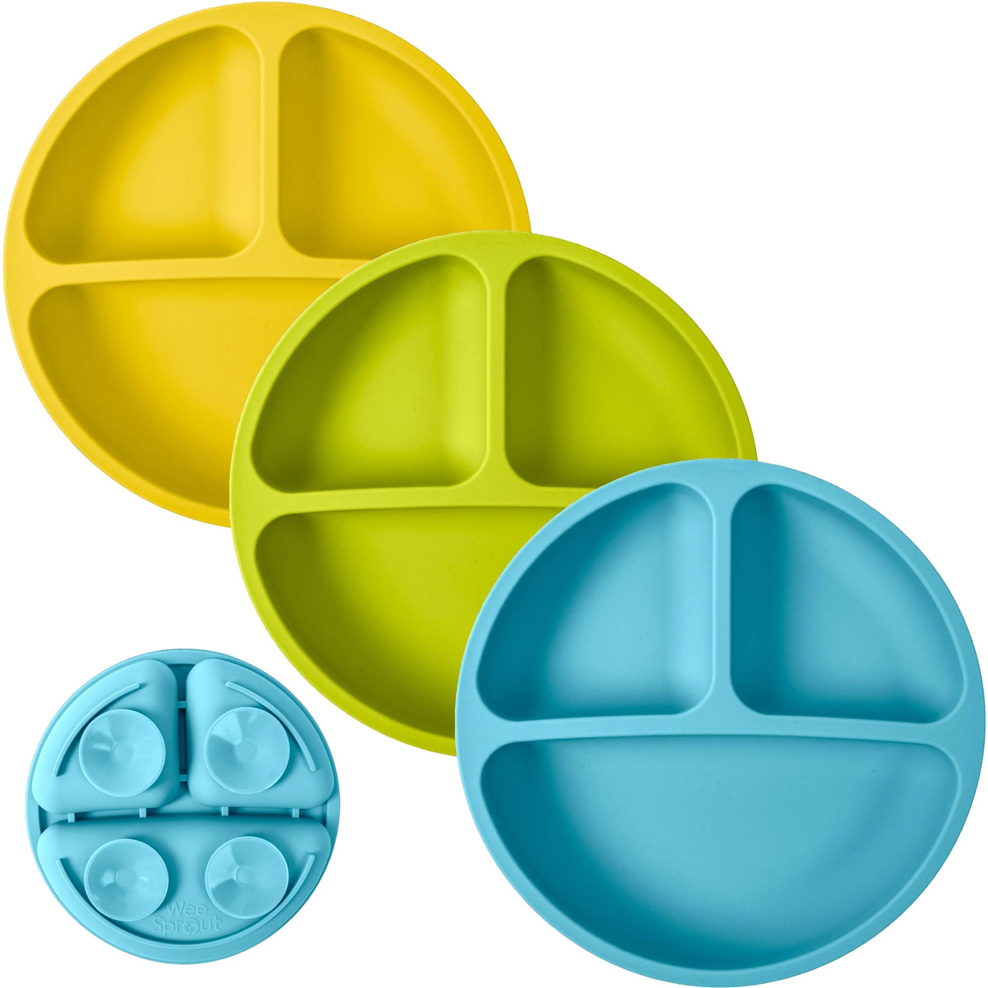 WeeSprout Suction Plates with Lids for Babies & Toddlers - 100% Silicone, Dinnerware Stays Put, Divided Design for Picky Eaters, Microwave & Dishwasher Friendly, 3 Pack