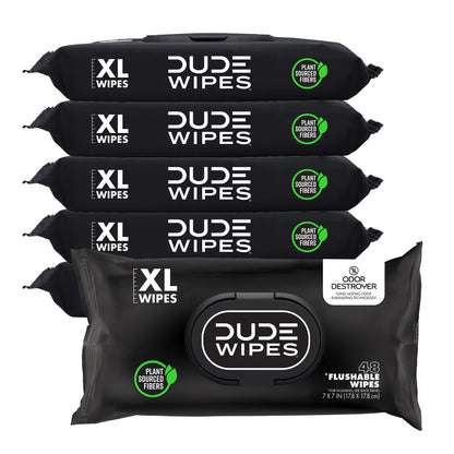 DUDE Wipes Unscented Flushable Wipes - Extra-Large Adult Wet Wipes for Sensitive Skin - 6 Pack (288 Count) - Infused with Vitamin E and Aloe - Septic and Sewer Safe