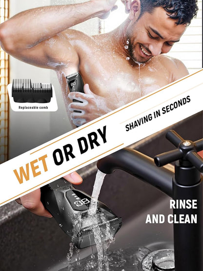 Body Hair Trimmer for Men: Wireless Charging Pubic Hair Trimmer with 90Min - Wet or Dry Body Groomer, 4000K LED, Ceramic Blade for Face Legs Groin