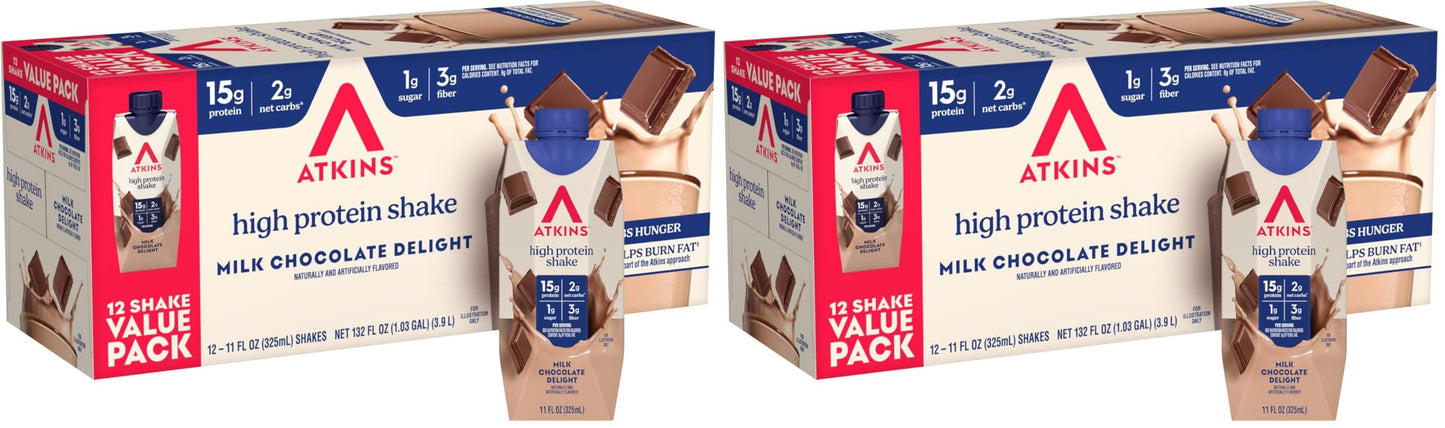Atkins Milk Chocolate Delight High Protein Shake, 15g Protein, 2g Net Carb, 1g Sugar, Keto Friendly, Chocolate Flavored Protein Shakes, 12 Count