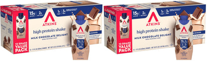 Atkins Milk Chocolate Delight High Protein Shake, 15g Protein, 2g Net Carb, 1g Sugar, Keto Friendly, Chocolate Flavored Protein Shakes, 12 Count