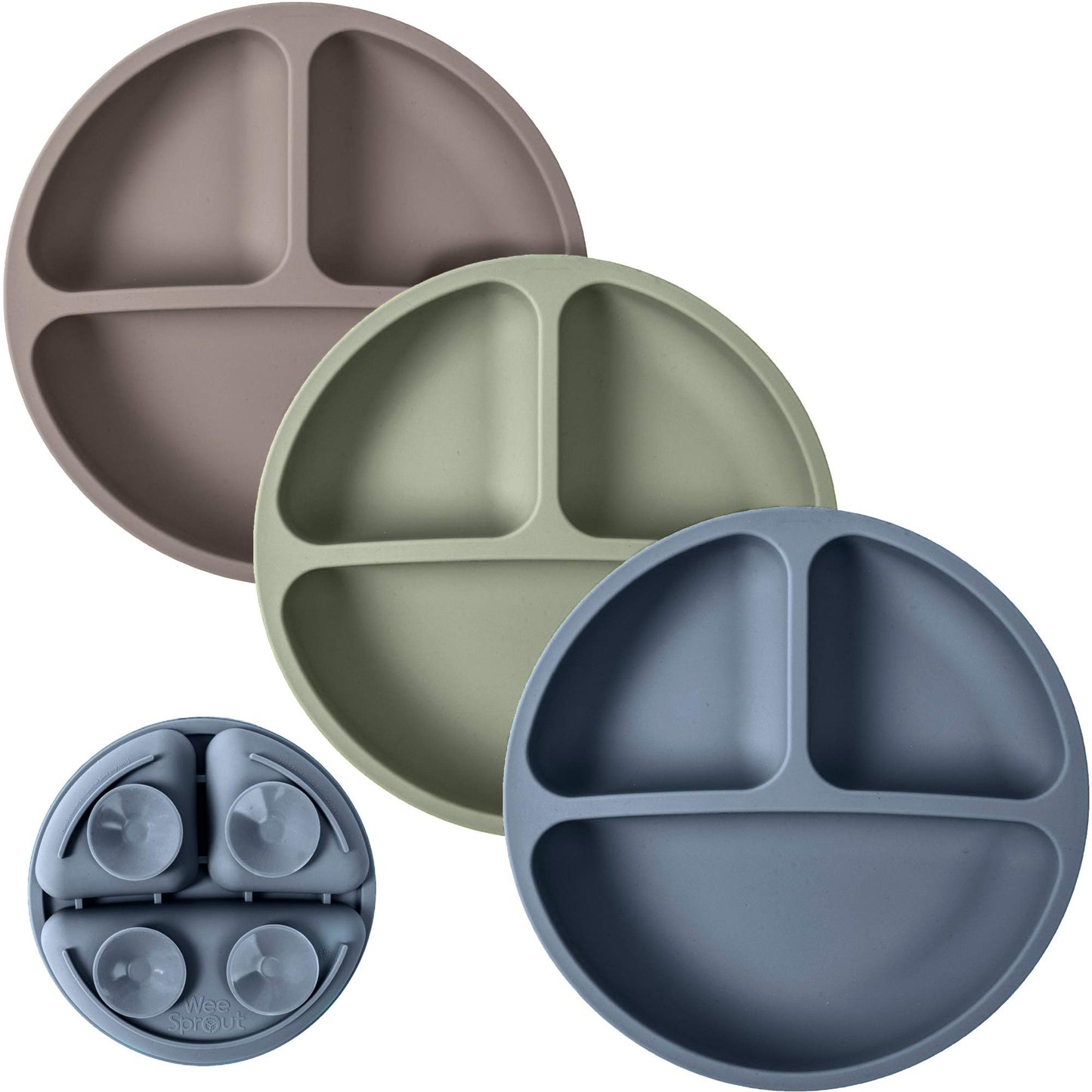 WeeSprout Suction Plates with Lids for Babies & Toddlers - 100% Silicone, Dinnerware Stays Put, Divided Design for Picky Eaters, Microwave & Dishwasher Friendly, 3 Pack