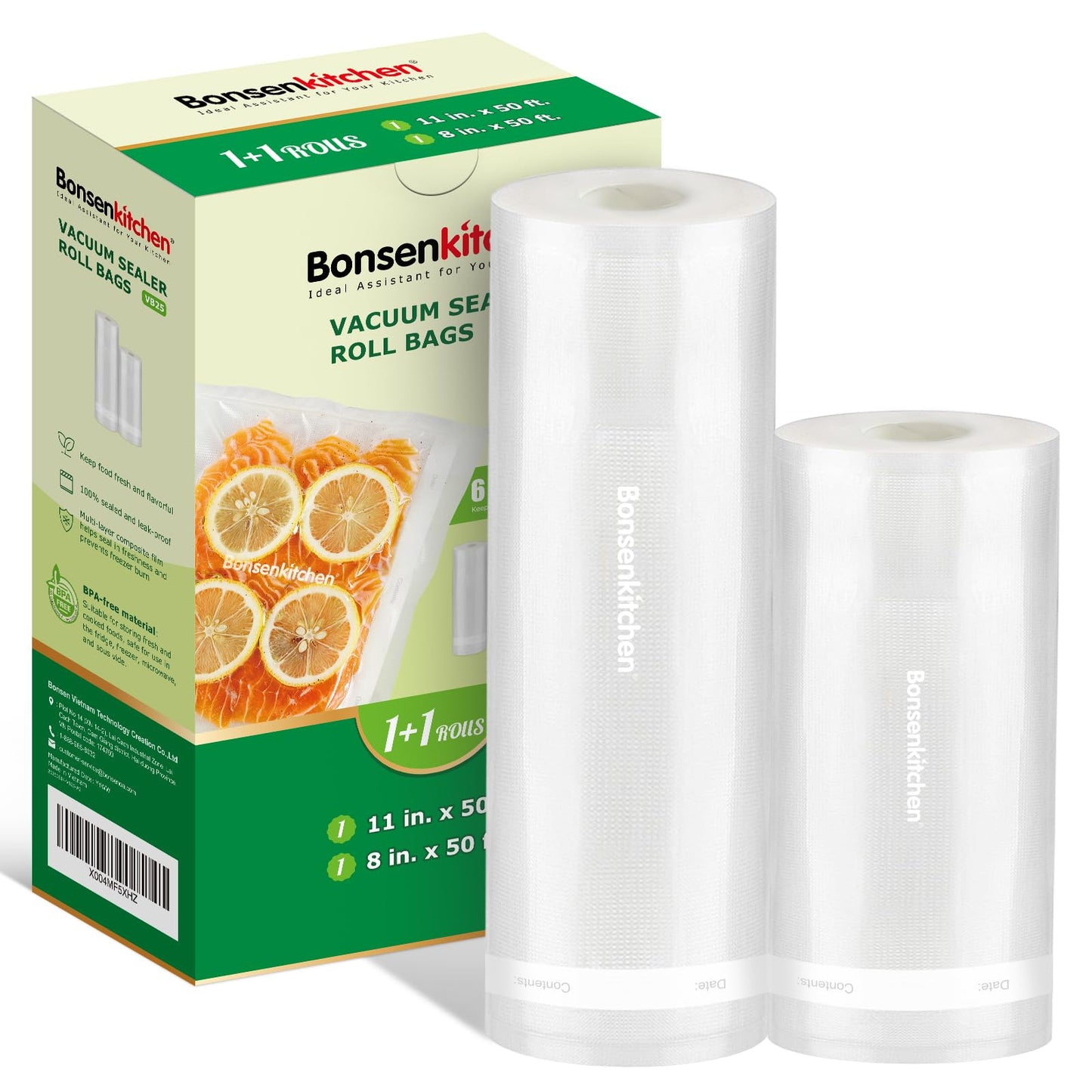 Bonsenkitchen Vacuum Sealer Rolls Bags, 6 Pack 3 Rolls 11" x 20' + 3 Rolls 8" x 20' Commercial Grade BPA Free Bag Rolls, Durable Customized Size Food Vac Bags for Storage and Sous Vide Cooking VB3211