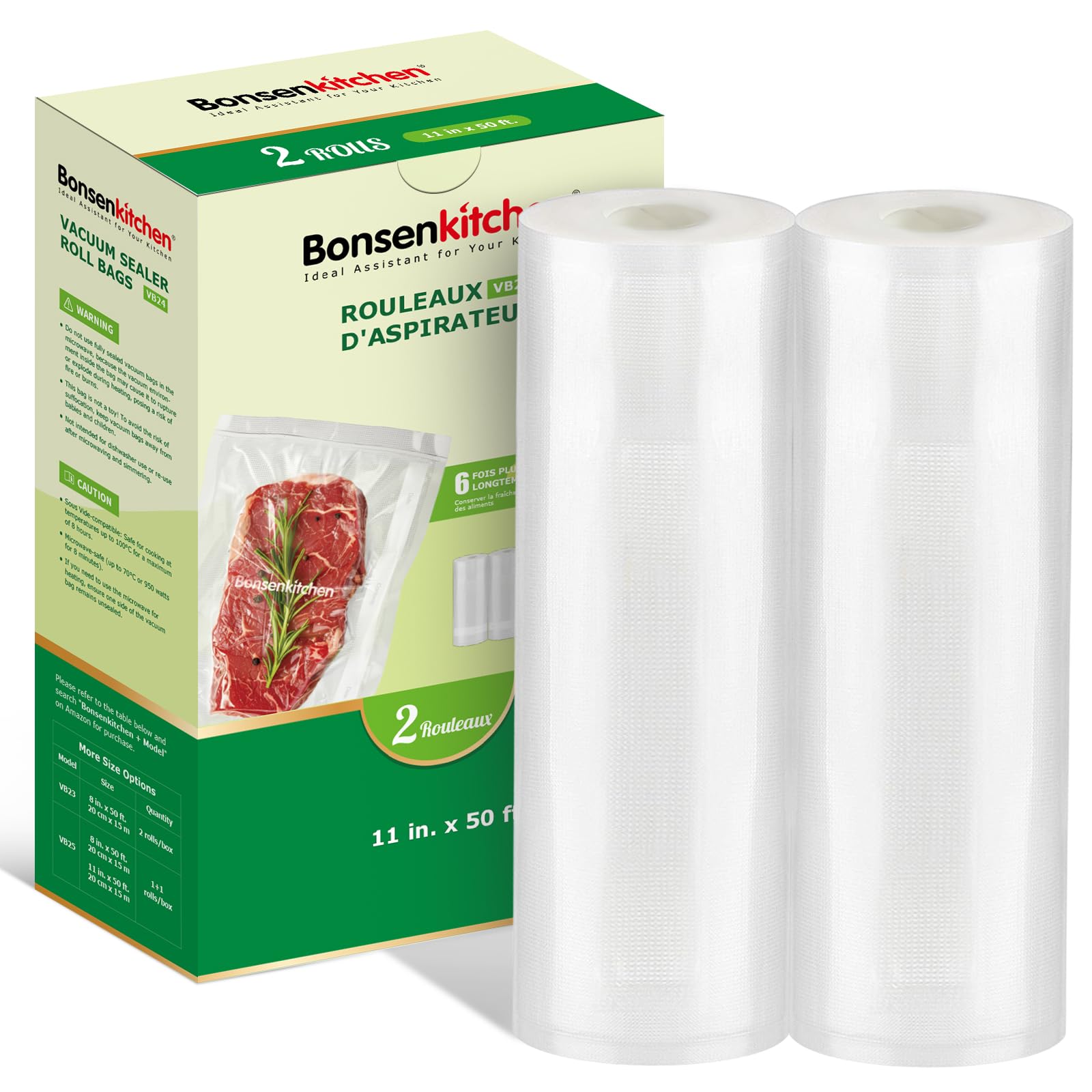 Bonsenkitchen Vacuum Sealer Rolls Bags, 6 Pack 3 Rolls 11" x 20' + 3 Rolls 8" x 20' Commercial Grade BPA Free Bag Rolls, Durable Customized Size Food Vac Bags for Storage and Sous Vide Cooking VB3211