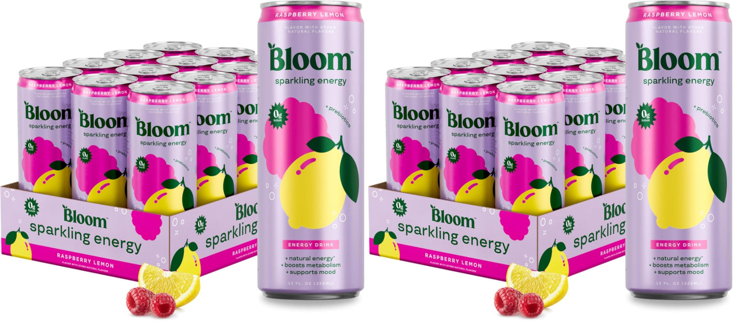 Bloom Nutrition Sparkling Energy Drink - Variety Pack - Natural Caffeine, Zero Sugar, 180mg Caffeine - Antioxidant-Rich with Green Coffee Bean, Green Tea Extract, Prebiotics - 12oz 12 Pack