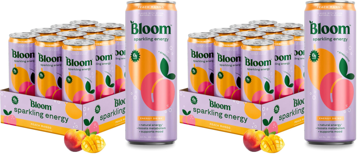 Bloom Nutrition Sparkling Energy Drink - Variety Pack - Natural Caffeine, Zero Sugar, 180mg Caffeine - Antioxidant-Rich with Green Coffee Bean, Green Tea Extract, Prebiotics - 12oz 12 Pack