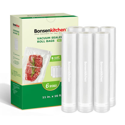 Bonsenkitchen Vacuum Sealer Rolls Bags, 6 Pack 3 Rolls 11" x 20' + 3 Rolls 8" x 20' Commercial Grade BPA Free Bag Rolls, Durable Customized Size Food Vac Bags for Storage and Sous Vide Cooking VB3211
