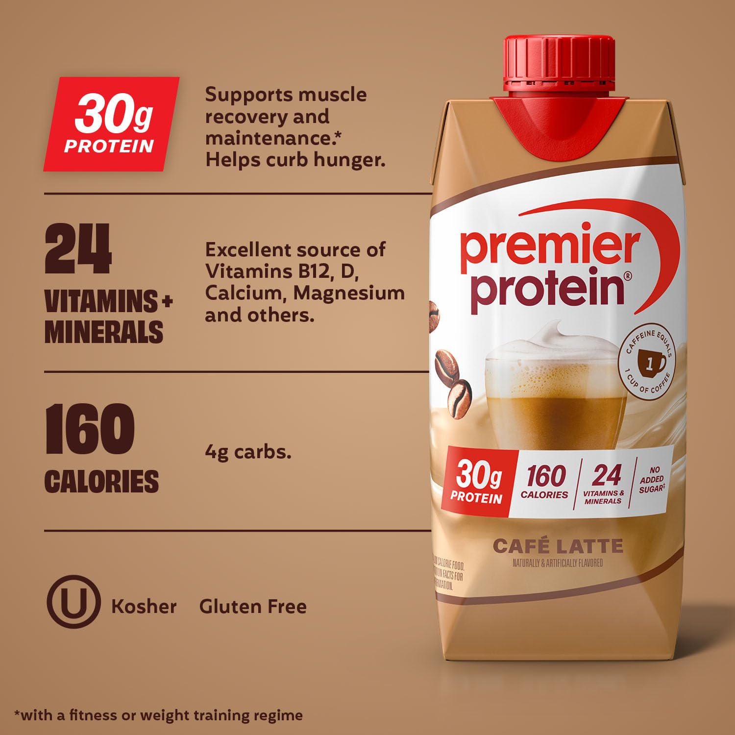 Premier Protein Shake, Café Latte with Caffeine for Energy – 30g Protein, No Added Sugar, 24 Vitamins & Minerals to Support Immune Health, 11 fl oz, 12 Pack