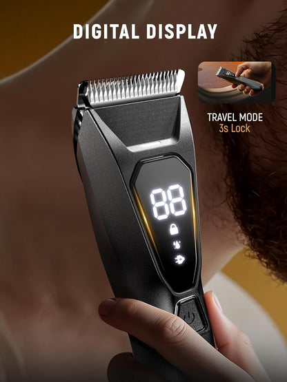 Body Hair Trimmer for Men: Wireless Charging Pubic Hair Trimmer with 90Min - Wet or Dry Body Groomer, 4000K LED, Ceramic Blade for Face Legs Groin