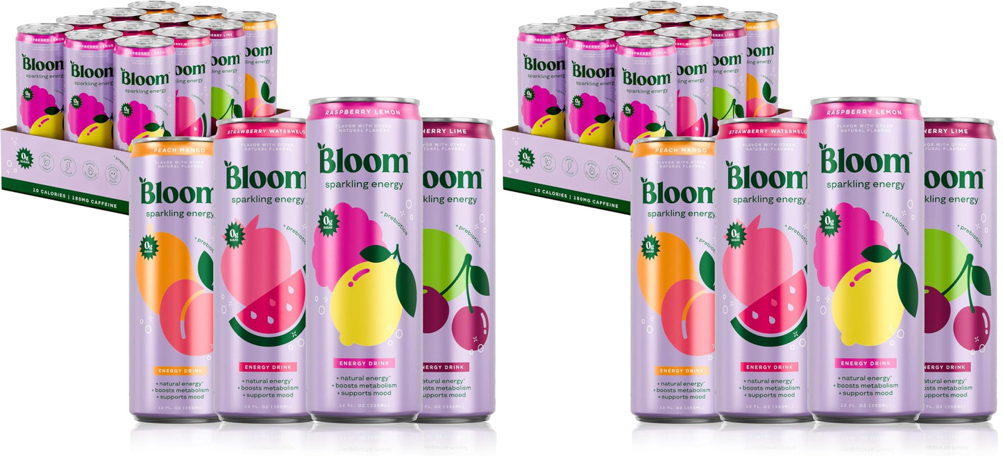 Bloom Nutrition Sparkling Energy Drink - Variety Pack - Natural Caffeine, Zero Sugar, 180mg Caffeine - Antioxidant-Rich with Green Coffee Bean, Green Tea Extract, Prebiotics - 12oz 12 Pack