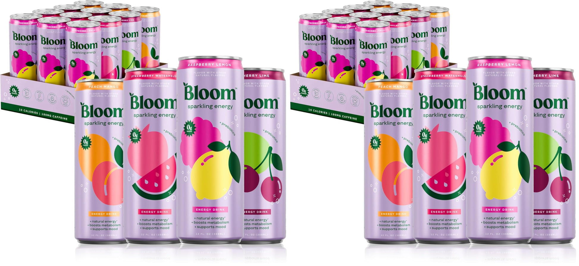 Bloom Nutrition Sparkling Energy Drink - Variety Pack - Natural Caffeine, Zero Sugar, 180mg Caffeine - Antioxidant-Rich with Green Coffee Bean, Green Tea Extract, Prebiotics - 12oz 12 Pack