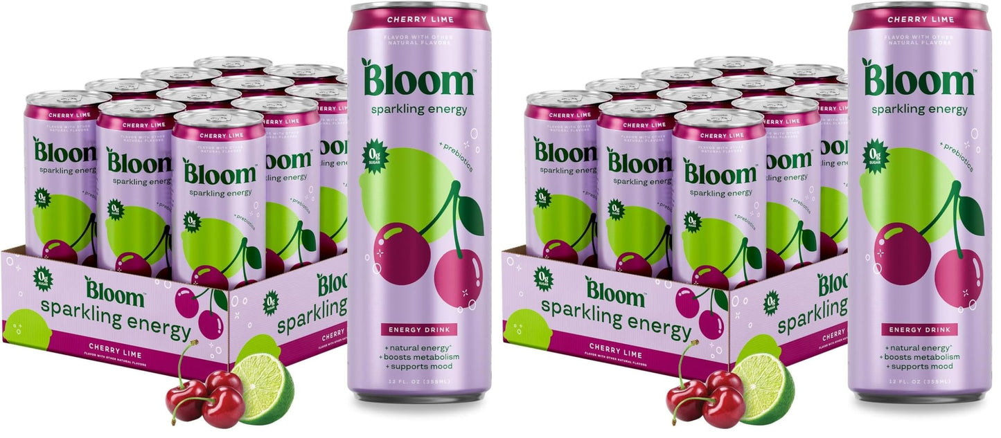 Bloom Nutrition Sparkling Energy Drink - Variety Pack - Natural Caffeine, Zero Sugar, 180mg Caffeine - Antioxidant-Rich with Green Coffee Bean, Green Tea Extract, Prebiotics - 12oz 12 Pack