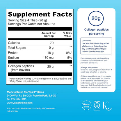 Vital Proteins Collagen Peptides Powder - Supports Hair, Nail, Skin, Bone & Joint Health, Unflavored, Collagen Protein 9.33 OZ