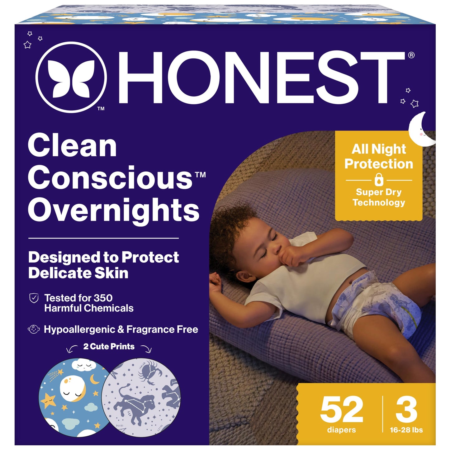 The Honest Company Comfort Dry Overnight Diapers, Up to 12 Hours Protection, Hypoallergenic, Fragrance-Free, Cozy Cloud + Star Signs, Club Box Size 6 (35+ lbs), 34 Count