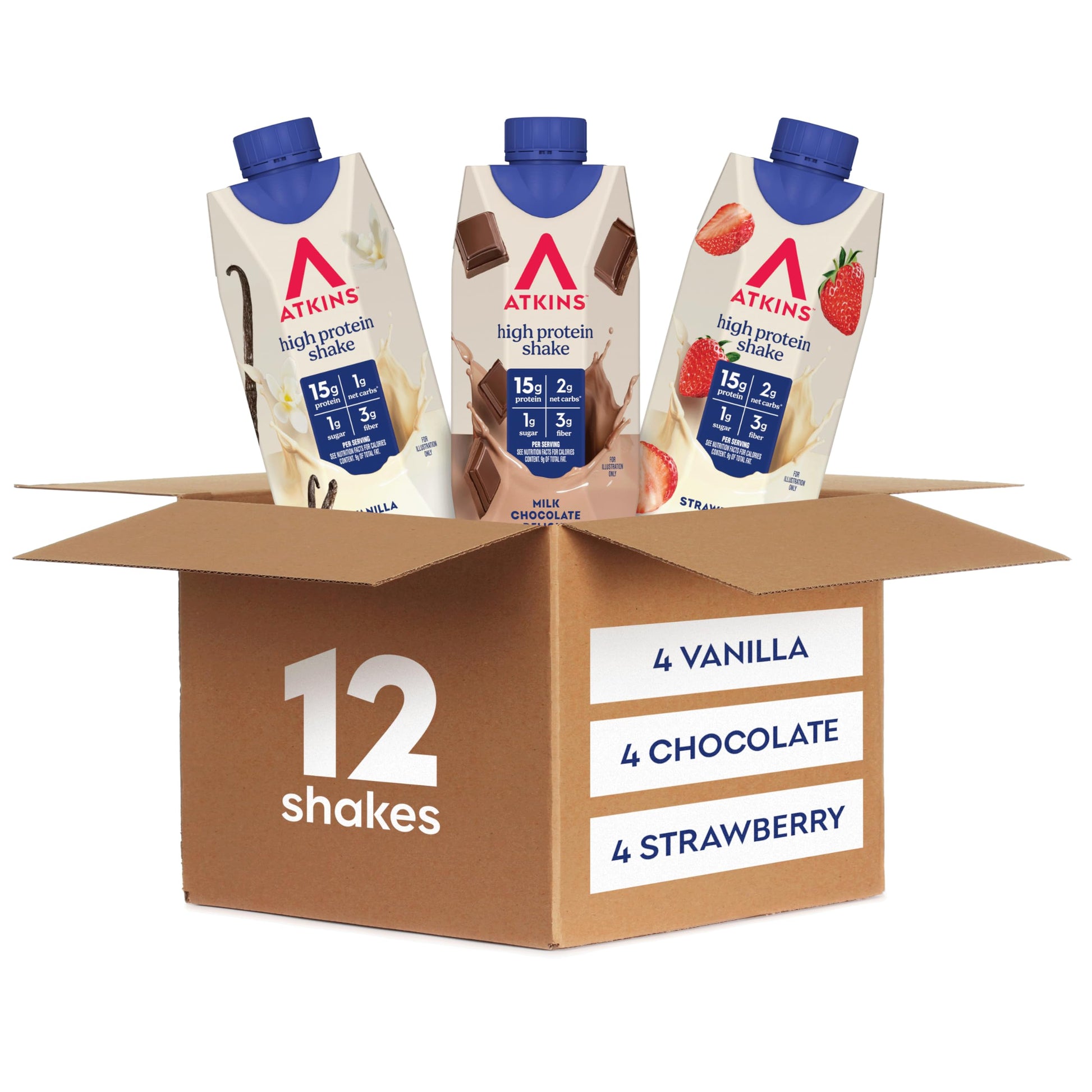 Atkins Milk Chocolate Delight High Protein Shake, 15g Protein, 2g Net Carb, 1g Sugar, Keto Friendly, Chocolate Flavored Protein Shakes, 12 Count