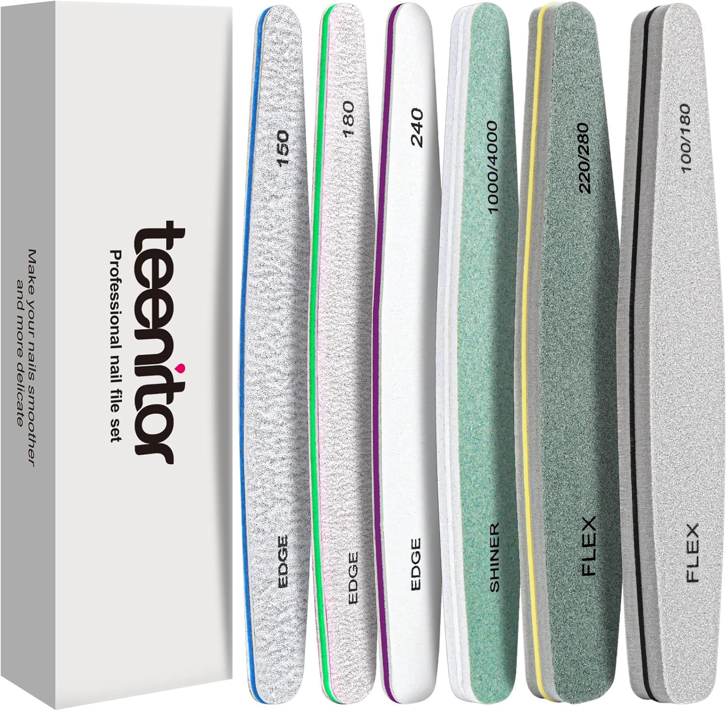 Teenitor Nail File Nail Buffer, 6 pcs Nail Files and Buffers for Natural Nails, Emery Boards for Nails, Nail Buffer and Shine Kit Nail Filer, Nail Buffer Block 100/180 Grit Nail Files Fingernail Files