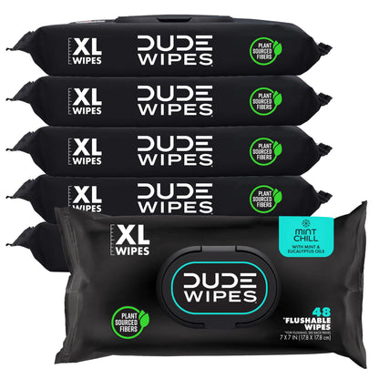 DUDE Wipes Unscented Flushable Wipes - Extra-Large Adult Wet Wipes for Sensitive Skin - 6 Pack (288 Count) - Infused with Vitamin E and Aloe - Septic and Sewer Safe