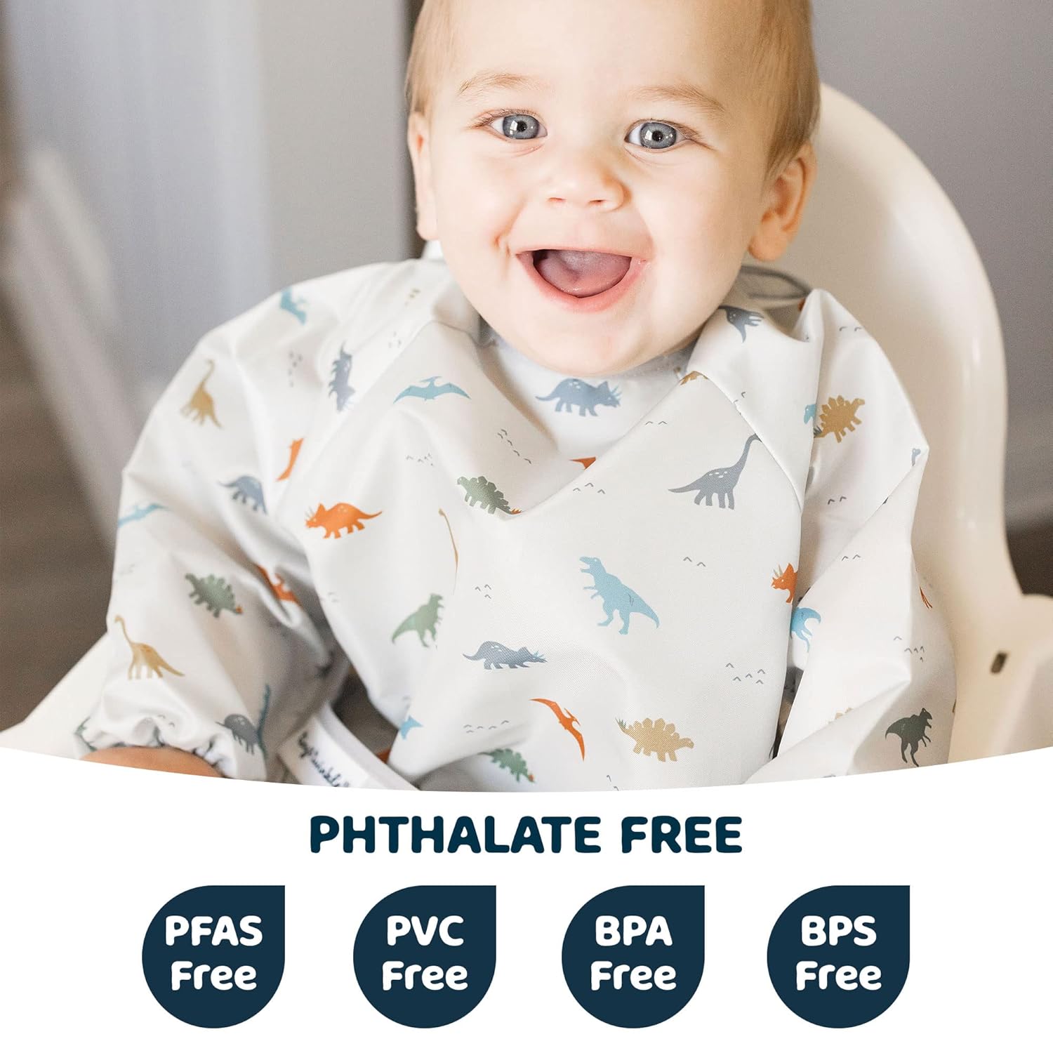 Tiny Twinkle Long Sleeve Bib for Babies & Toddlers | Waterproof Smock Bib for Eating | Machine Washable & Mess-Proof Feeding Essentials | Newborn Shower Gift (Dinosaur, 6–24M)