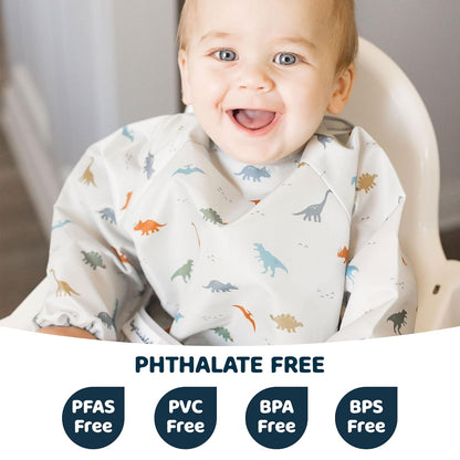 Tiny Twinkle Long Sleeve Bib for Babies & Toddlers | Waterproof Smock Bib for Eating | Machine Washable & Mess-Proof Feeding Essentials | Newborn Shower Gift (Dinosaur, 6–24M)