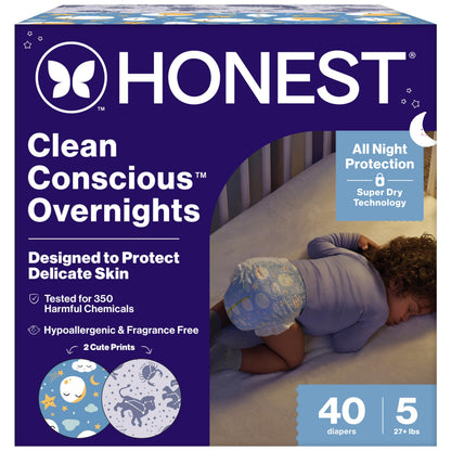 The Honest Company Comfort Dry Overnight Diapers, Up to 12 Hours Protection, Hypoallergenic, Fragrance-Free, Cozy Cloud + Star Signs, Club Box Size 6 (35+ lbs), 34 Count
