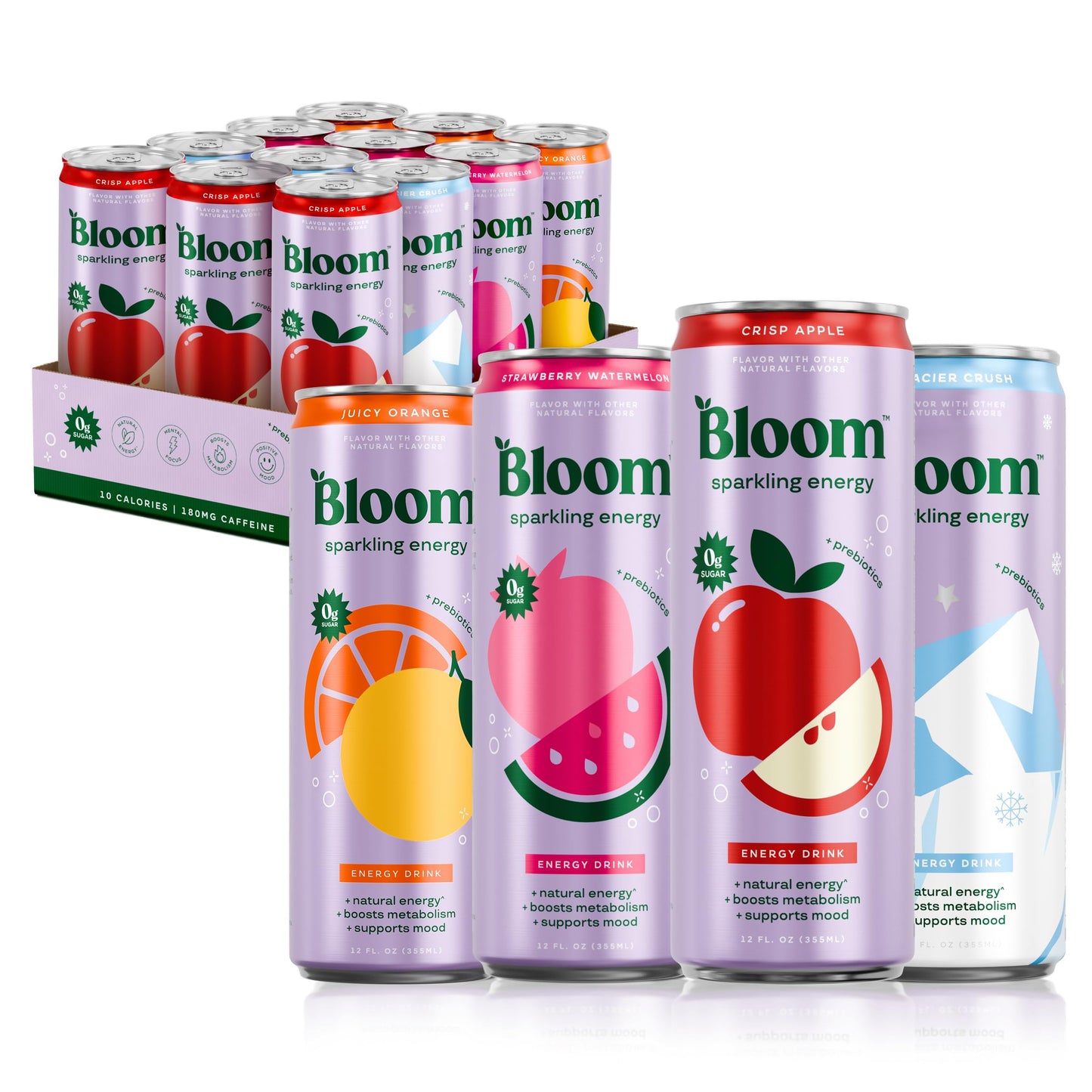 Bloom Nutrition Sparkling Energy Drink - Variety Pack - Natural Caffeine, Zero Sugar, 180mg Caffeine - Antioxidant-Rich with Green Coffee Bean, Green Tea Extract, Prebiotics - 12oz 12 Pack