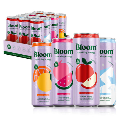 Bloom Nutrition Sparkling Energy Drink - Variety Pack - Natural Caffeine, Zero Sugar, 180mg Caffeine - Antioxidant-Rich with Green Coffee Bean, Green Tea Extract, Prebiotics - 12oz 12 Pack