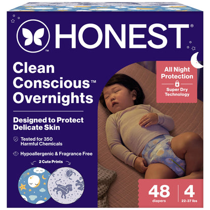 The Honest Company Comfort Dry Overnight Diapers, Up to 12 Hours Protection, Hypoallergenic, Fragrance-Free, Cozy Cloud + Star Signs, Club Box Size 6 (35+ lbs), 34 Count