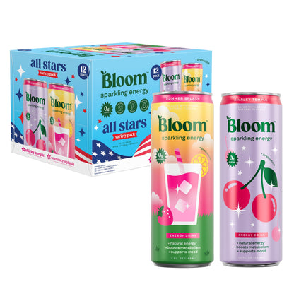 Bloom Nutrition Sparkling Energy Drink - Variety Pack - Natural Caffeine, Zero Sugar, 180mg Caffeine - Antioxidant-Rich with Green Coffee Bean, Green Tea Extract, Prebiotics - 12oz 12 Pack