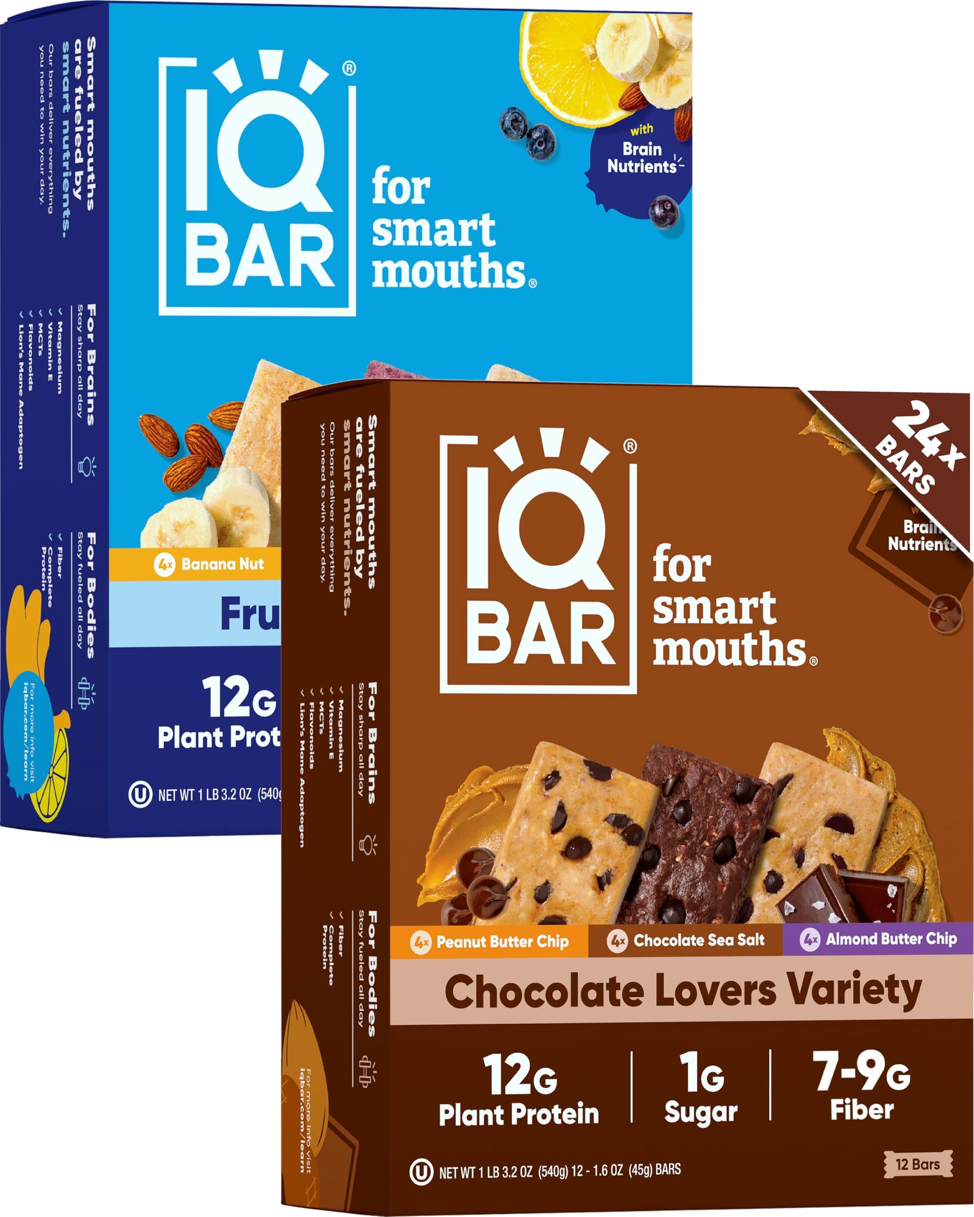 IQBAR Clean Plant Protein Bars - Chocolate Lovers Variety - 12 Count - Keto, Vegan, High Fiber, Gluten and Dairy Free, Low Sugar Snack - Brain and Body Nutrients for Focus, Energy, Meal Replacement