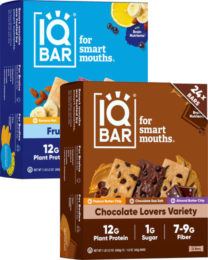 IQBAR Clean Plant Protein Bars - Chocolate Lovers Variety - 12 Count - Keto, Vegan, High Fiber, Gluten and Dairy Free, Low Sugar Snack - Brain and Body Nutrients for Focus, Energy, Meal Replacement