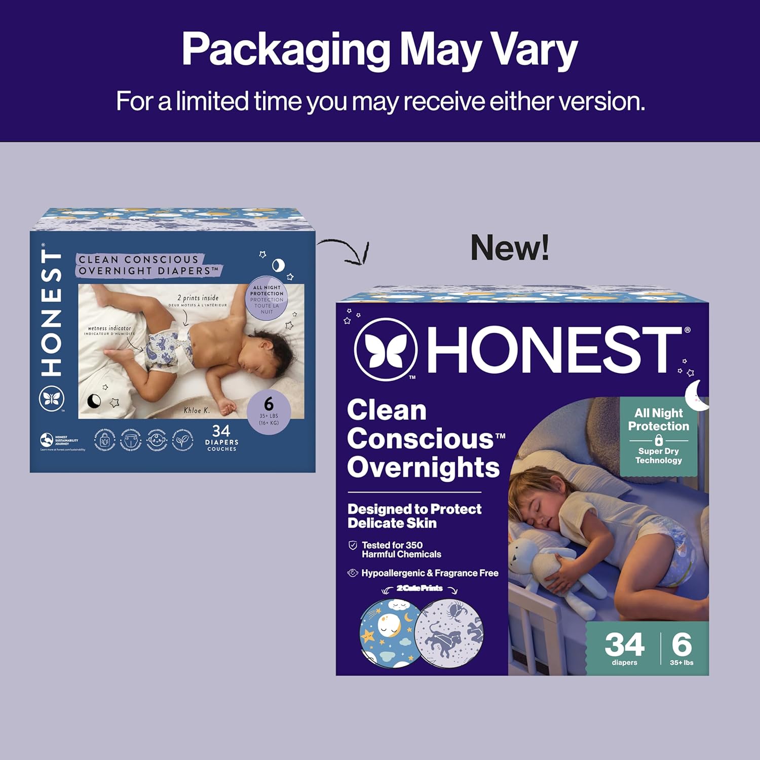 The Honest Company Comfort Dry Overnight Diapers, Up to 12 Hours Protection, Hypoallergenic, Fragrance-Free, Cozy Cloud + Star Signs, Club Box Size 6 (35+ lbs), 34 Count